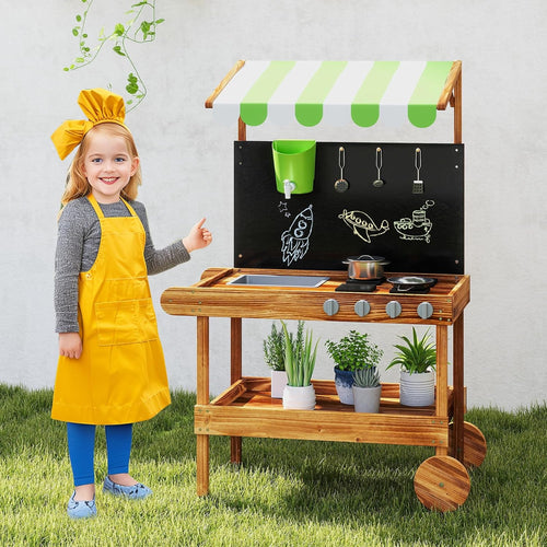 OLAKIDS Mud Kitchen, Outdoor Play Kitchen with Drawing Board, Real Water Flow, Removable Sink, Storage, Cooking Accessories,for Boys Girls Ages 3+