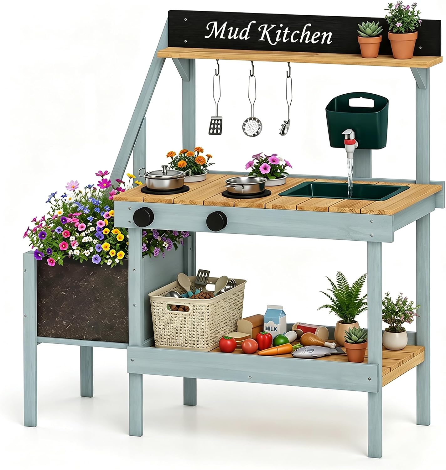 OLAKIDS Outdoor Wooden Mud Kitchen Toddler Montessori Backyard Pretend Toy Set