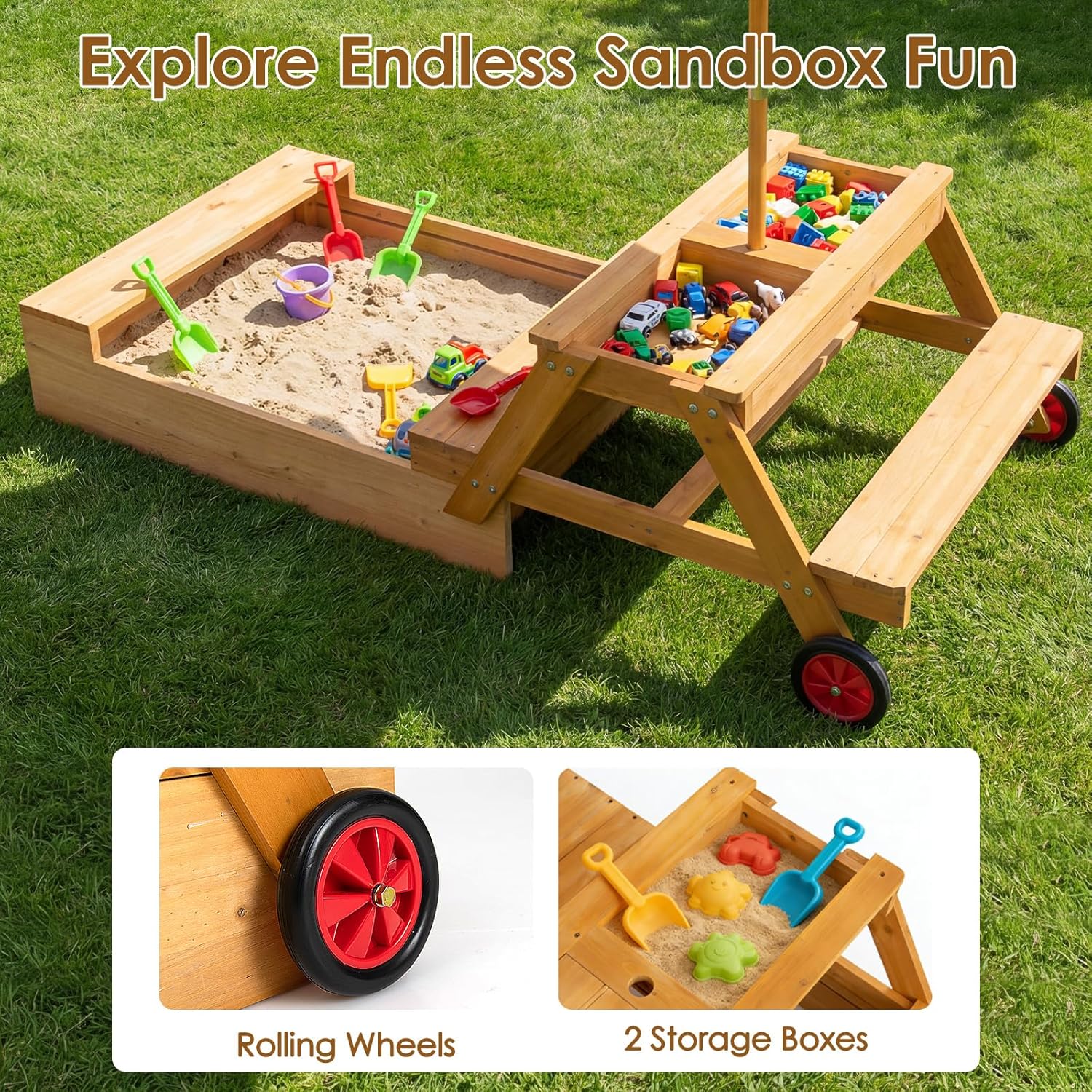 OLAKIDS 3-in-1 Wooden Kids Picnic Table, Outdoor Sandbox with Lid, Benches, Wheels, Storage & Adjustable Umbrella