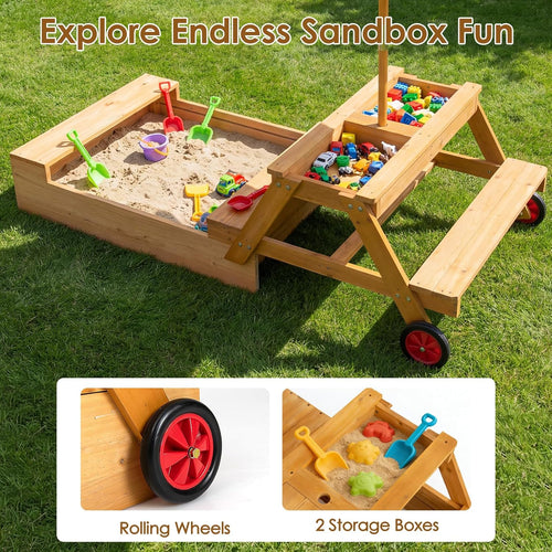 OLAKIDS 3-in-1 Wooden Kids Picnic Table, Outdoor Sandbox with Lid, Benches, Wheels, Storage & Adjustable Umbrella