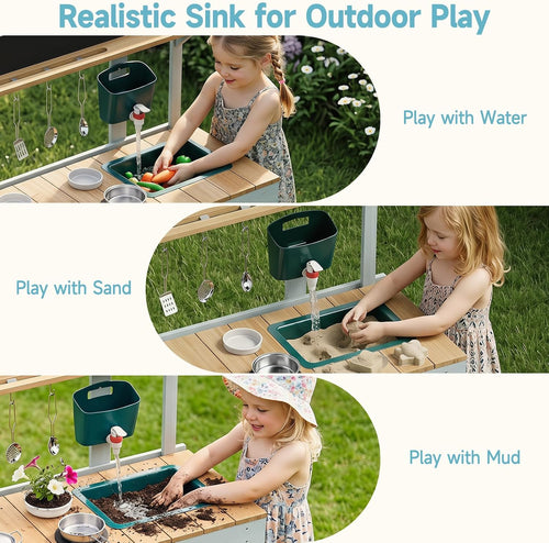 OLAKIDS Outdoor Wooden Mud Kitchen Toddler Montessori Backyard Pretend Toy Set