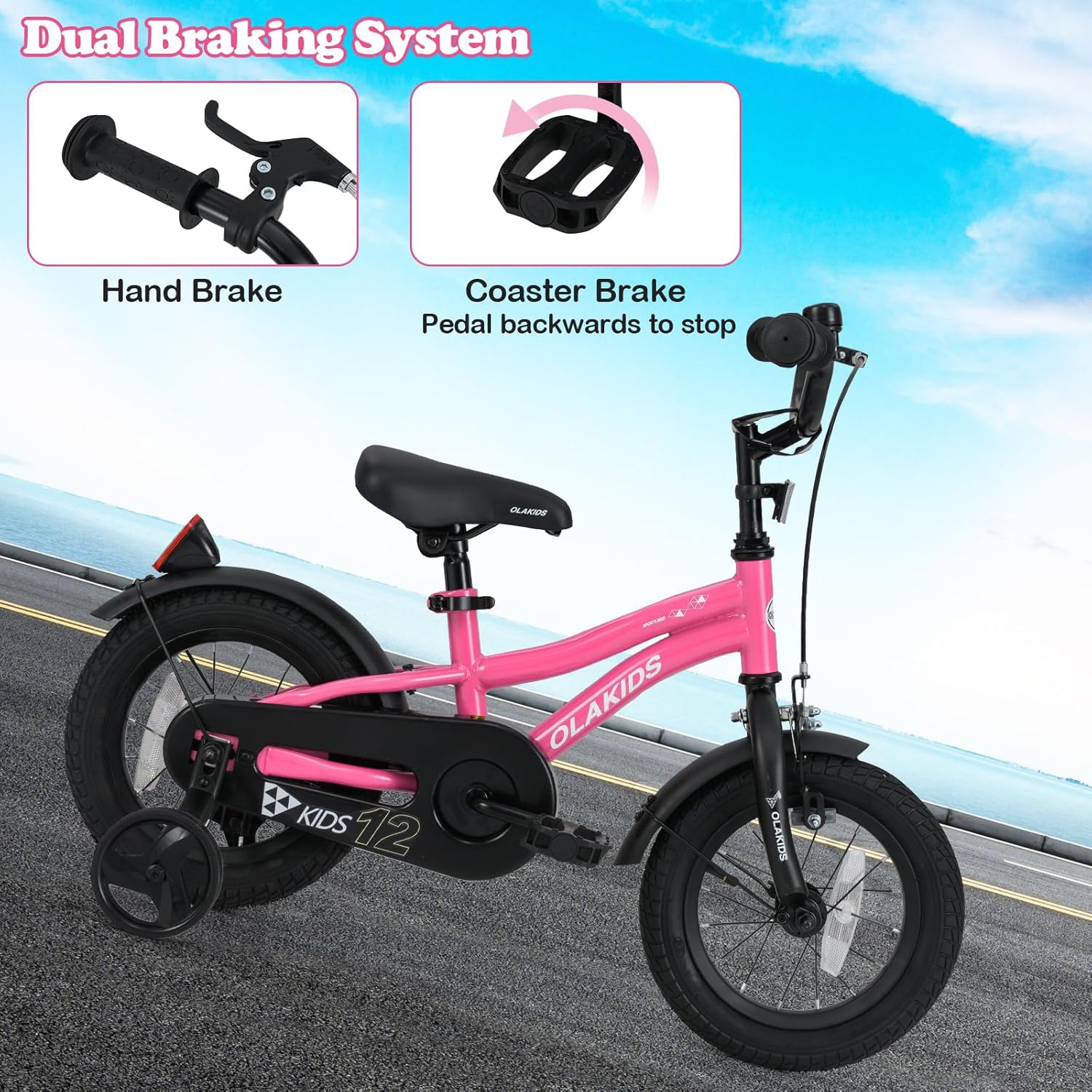 Olakids Kids Bike 12-18 Inch with Training Wheels, Dual Brakes, Adjustable Seat & Handlebar for Boys Girls