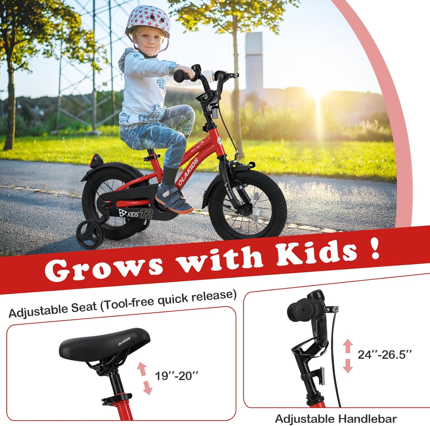 Olakids Kids Bike 12-18 Inch with Training Wheels, Dual Brakes, Adjustable Seat & Handlebar for Boys Girls
