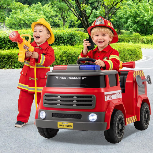 OLAKIDS 12V Ride on Fire Truck with Water Gun, Tank, Megaphone, Siren, Alarm Lamps, Shovel, Remote Control, Music, Aged 3+ Years
