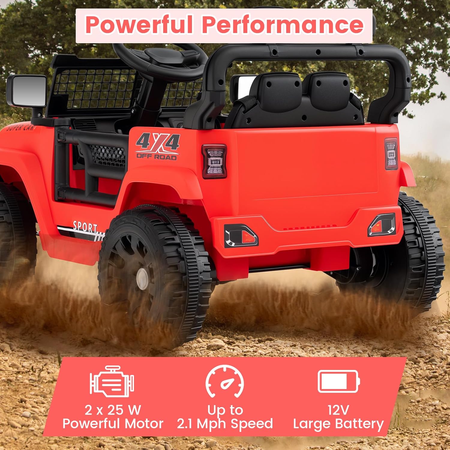 OLAKIDS 12V Ride On Truck, Battery Powered Electric Vehicle for Kids with Remote Control, Foldable Reflective Mirror, Spring Suspension, Music, LED Lights, Ride on Toy for 3+ Boys Girls