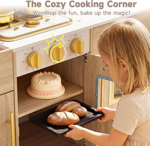 OLAKIDS Wooden Toy Kitchen Set with Lights Sounds Ice Machine Coffee Maker 12Pcs Accessories for Kids Ages 3+