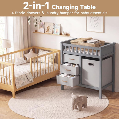 INFANS Wooden Baby Changing Table with 3 Fabric Drawers & Laundry Hamper
