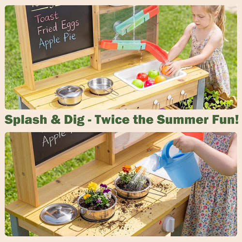 OLAKIDS Wooden Mud Kitchen for Kids Outdoor Play Monteeori Toys for Toddlers Ages 3+