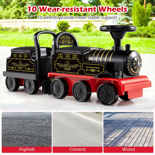 OLAKIDS 6V 2-Seater Ride on Train with Carriage, Storage, Train Whistle, Music, Lights for 18 Months+