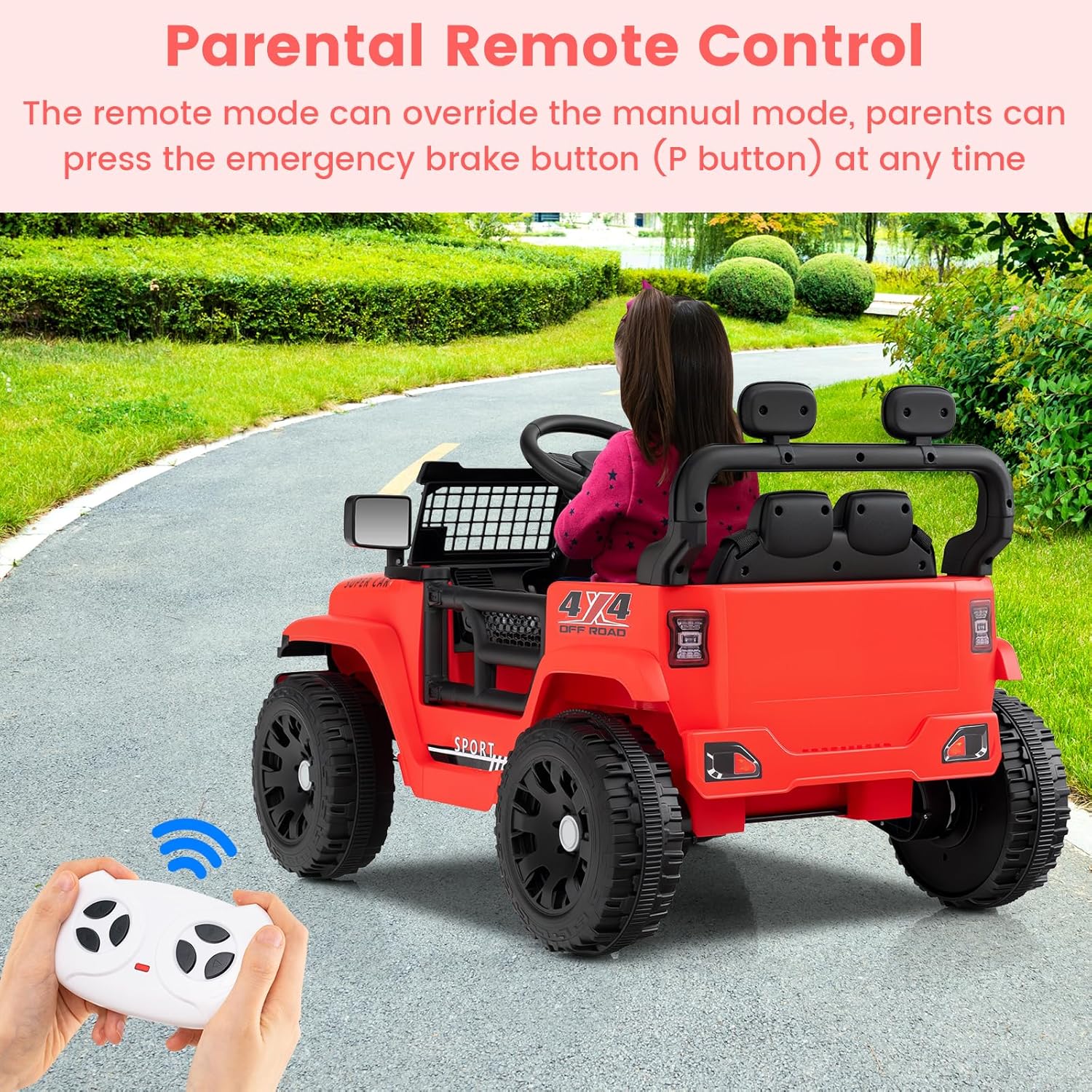 OLAKIDS 12V Ride On Truck, Battery Powered Electric Vehicle for Kids with Remote Control, Foldable Reflective Mirror, Spring Suspension, Music, LED Lights, Ride on Toy for 3+ Boys Girls