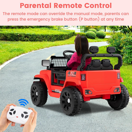 OLAKIDS 12V Ride On Truck, Battery Powered Electric Vehicle for Kids with Remote Control, Foldable Reflective Mirror, Spring Suspension, Music, LED Lights, Ride on Toy for 3+ Boys Girls