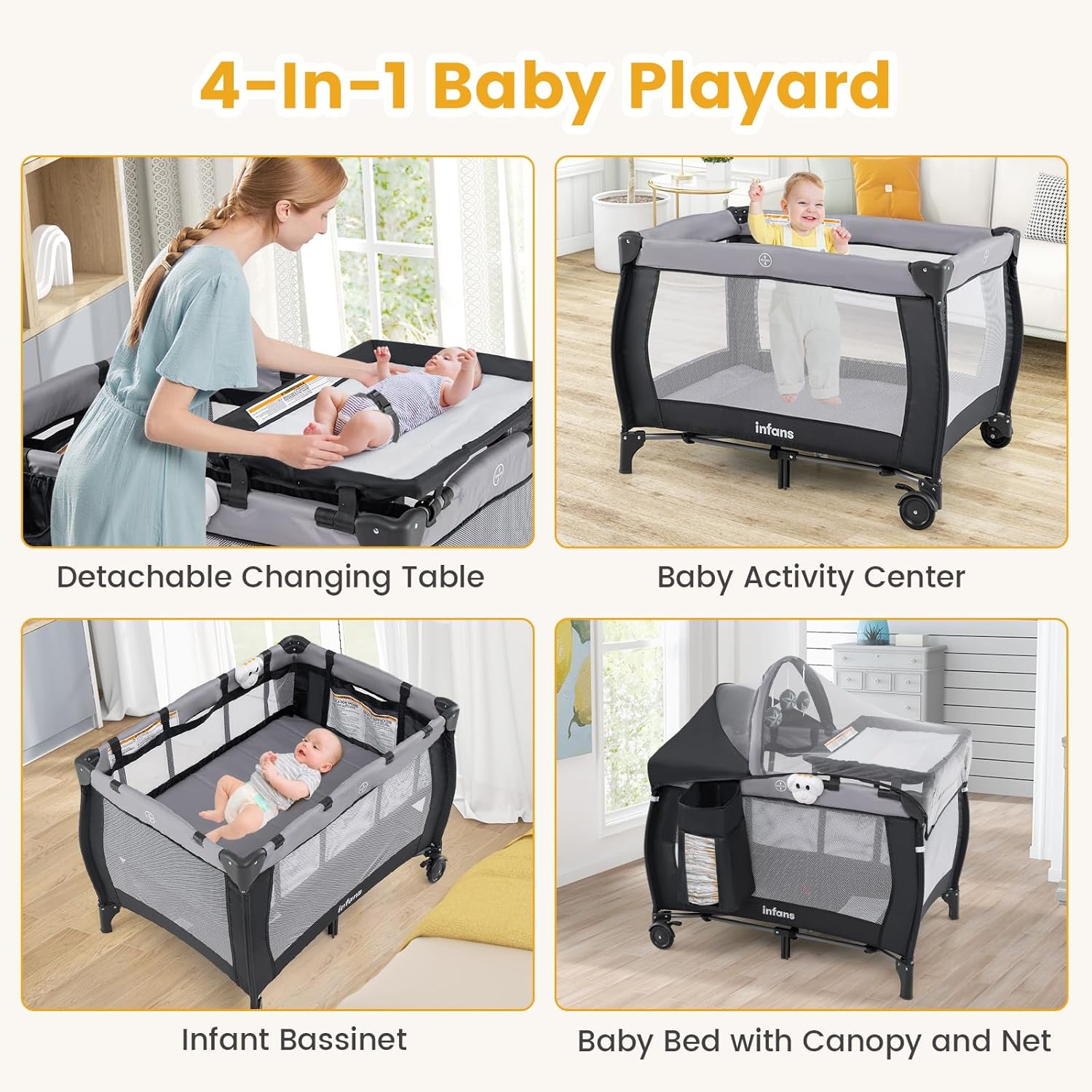 INFANS 4 in 1 Pack and Play, Portable Baby Kid Infant, Travel Playard with Bassinet