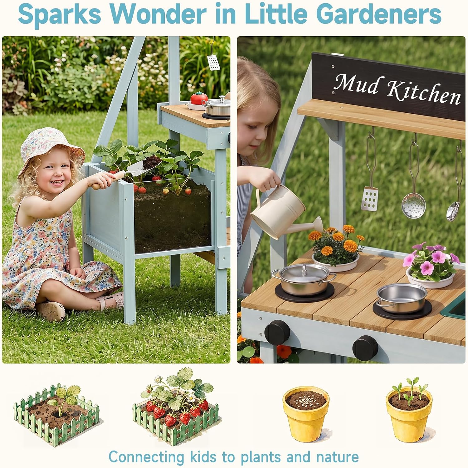 OLAKIDS Outdoor Wooden Mud Kitchen Toddler Montessori Backyard Pretend Toy Set