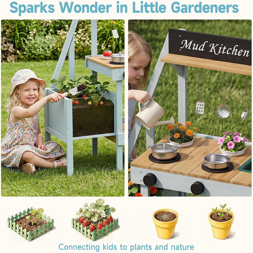 OLAKIDS Outdoor Wooden Mud Kitchen Toddler Montessori Backyard Pretend Toy Set
