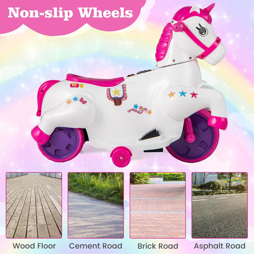 OLAKIDS 2 in 1 Ride on Motorcycle and Horse, Unicorn 6V Battery Powered Ride on Toy  Aged 3-6 Years