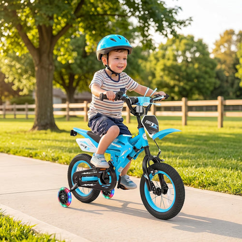 Olakids 12/16 Inch Motorcycle Kids BMX Bike with Light Training Wheels & Suspension