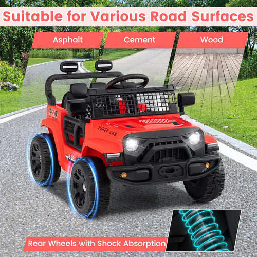 OLAKIDS 12V Ride On Truck, Battery Powered Electric Vehicle for Kids with Remote Control, Foldable Reflective Mirror, Spring Suspension, Music, LED Lights, Ride on Toy for 3+ Boys Girls