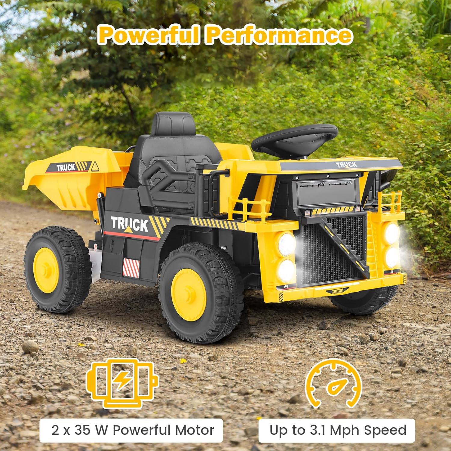 OLAKIDS Ride on Dump Truck, 12V Kids Electric Car Ride on Construction Vehicles with Remote Control, Electric Dump Bed, Shovel, Soft Start, Music, Bluetooth, Ride on Toys for Girls Boys