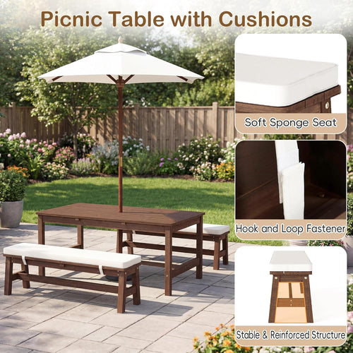 Olakids Kids Picnic Table, Outdoor Wooden Bench Set with Removable Cushions Adjustable Foldable Umbrella
