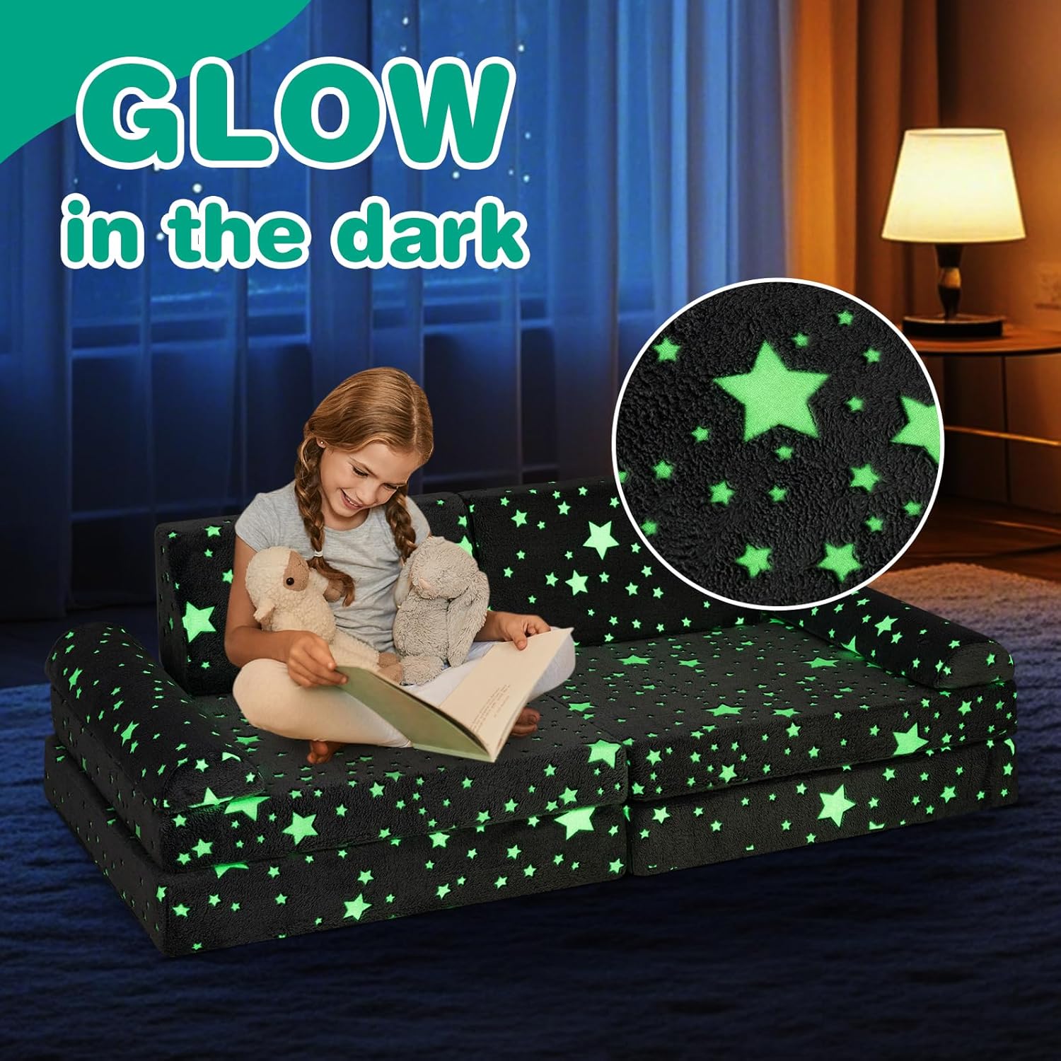 INFANS Modular Kids Play Couch, 8 PCS Fluorescent Toddler Creative Sectional Fort Building Sofa for Playroom, Bedroom