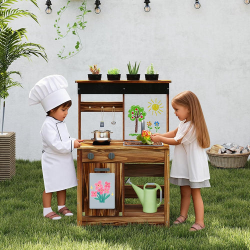 OLAKIDS Mud Kitchen, Outdoor Play Kitchen with Drawing Board, 4 Cups, Removable Sink, Storage, Cooking Accessories for Boys Girls Ages 3+