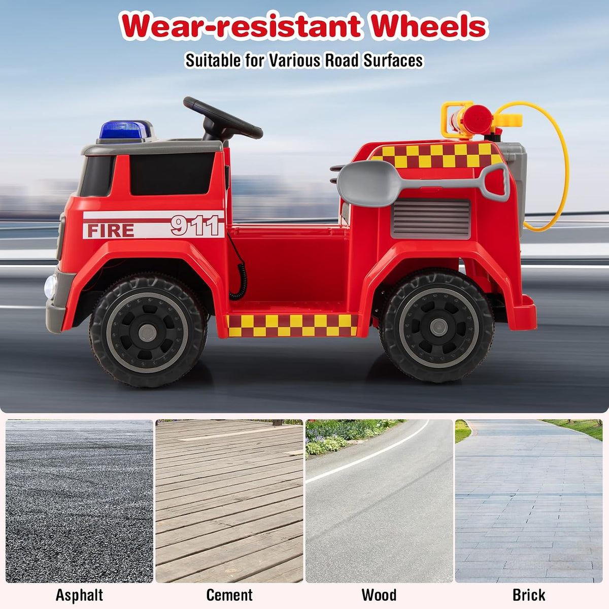 OLAKIDS 12V Ride on Fire Truck with Water Gun, Tank, Megaphone, Siren, Alarm Lamps, Shovel, Remote Control, Music, Aged 3+ Years