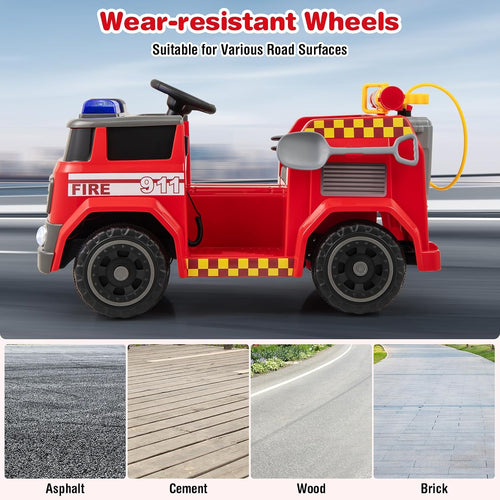 OLAKIDS 12V Ride on Fire Truck with Water Gun, Tank, Megaphone, Siren, Alarm Lamps, Shovel, Remote Control, Music, Aged 3+ Years