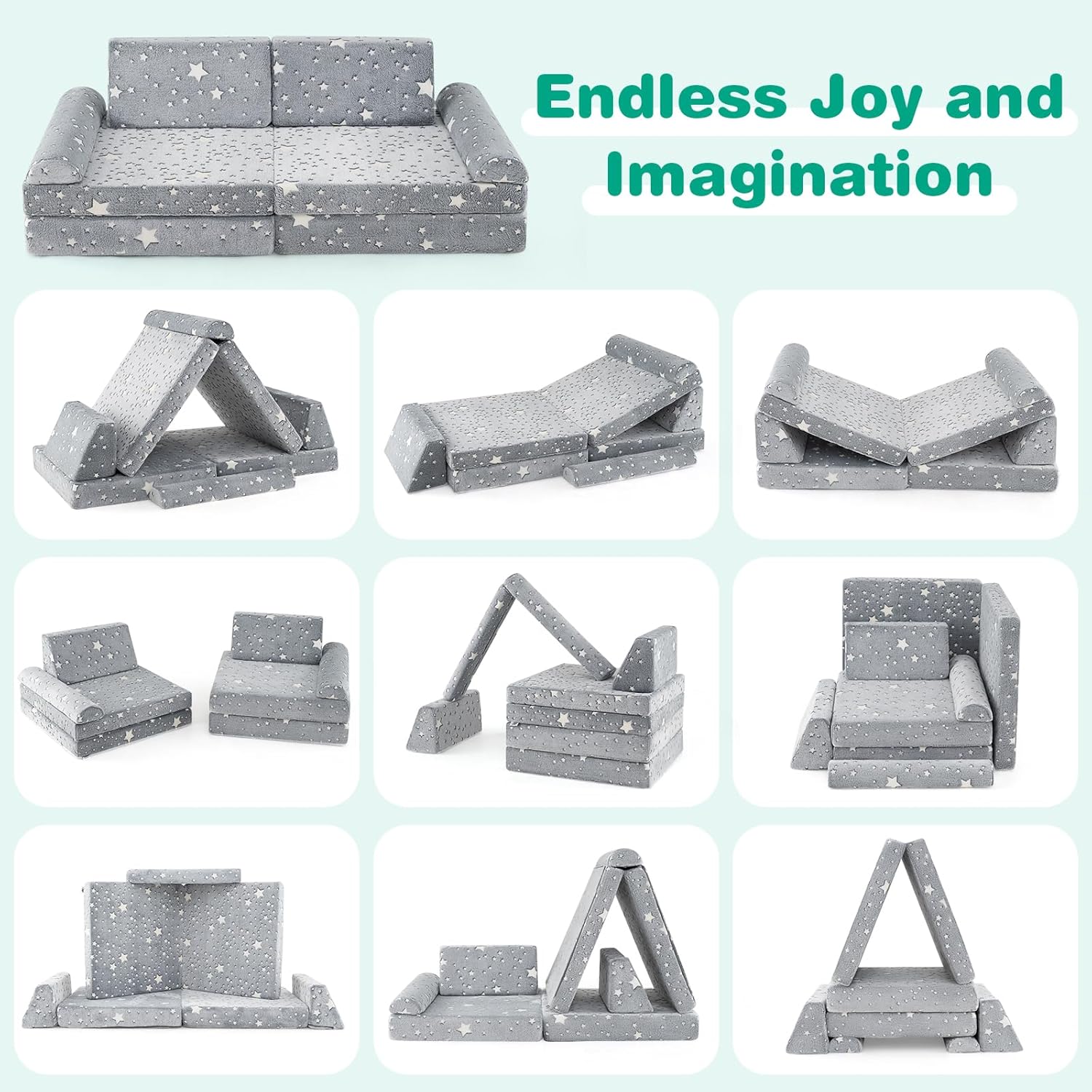 INFANS Modular Kids Play Couch, 8 PCS Fluorescent Toddler Creative Sectional Fort Building Sofa for Playroom, Bedroom