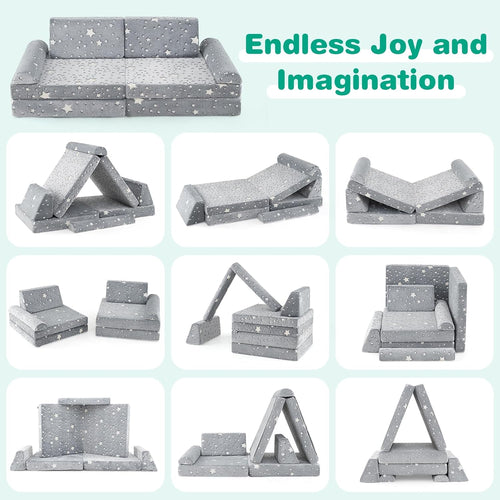 INFANS Modular Kids Play Couch, 8 PCS Fluorescent Toddler Creative Sectional Fort Building Sofa for Playroom, Bedroom