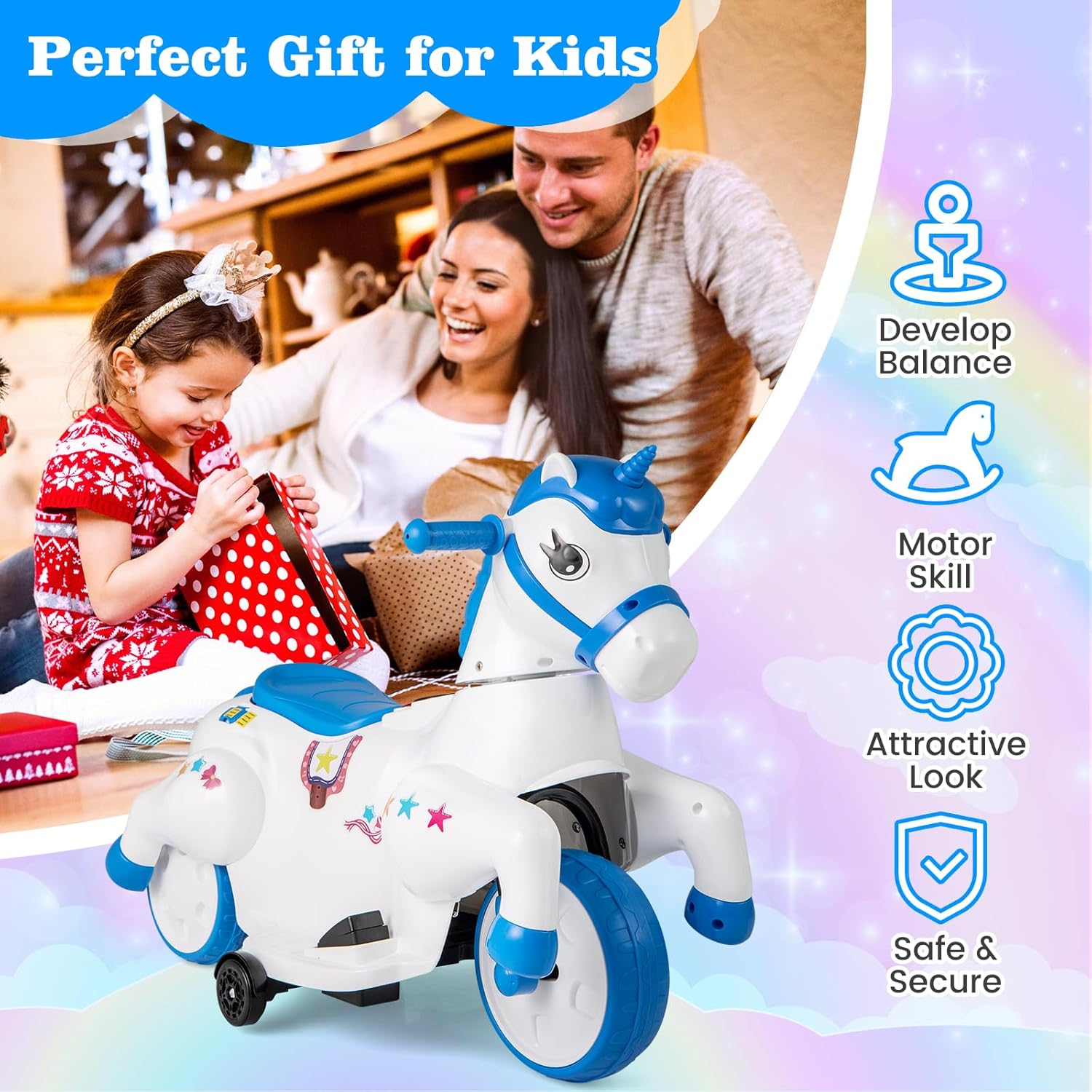 OLAKIDS 2 in 1 Ride on Motorcycle and Horse, Unicorn 6V Battery Powered Ride on Toy  Aged 3-6 Years