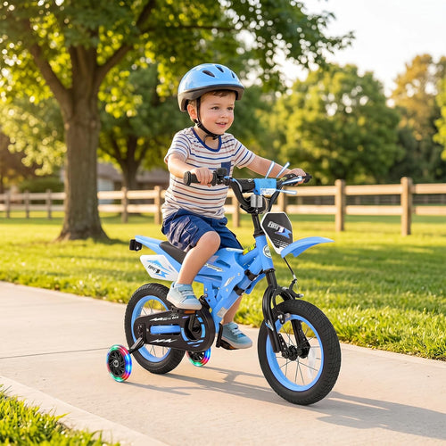 Olakids 12/16 Inch Motorcycle Kids BMX Bike with Light Training Wheels & Suspension