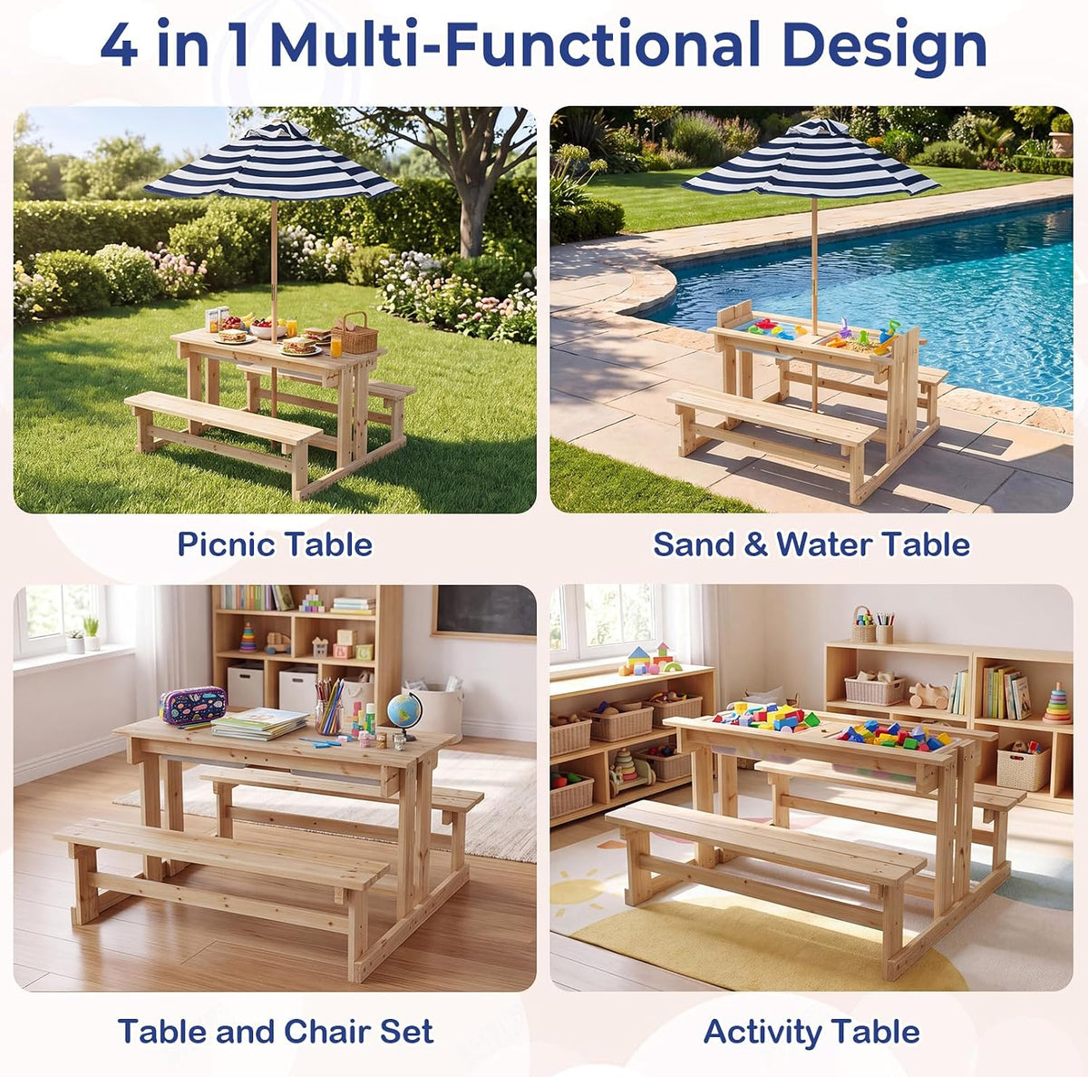 Olakids 4 in 1 Kids Picnic Table with Sand and Water Sensory Bins