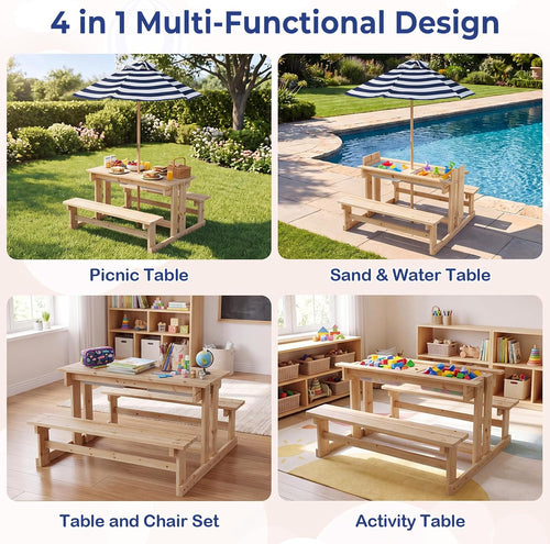Olakids 4 in 1 Kids Picnic Table with Sand and Water Sensory Bins