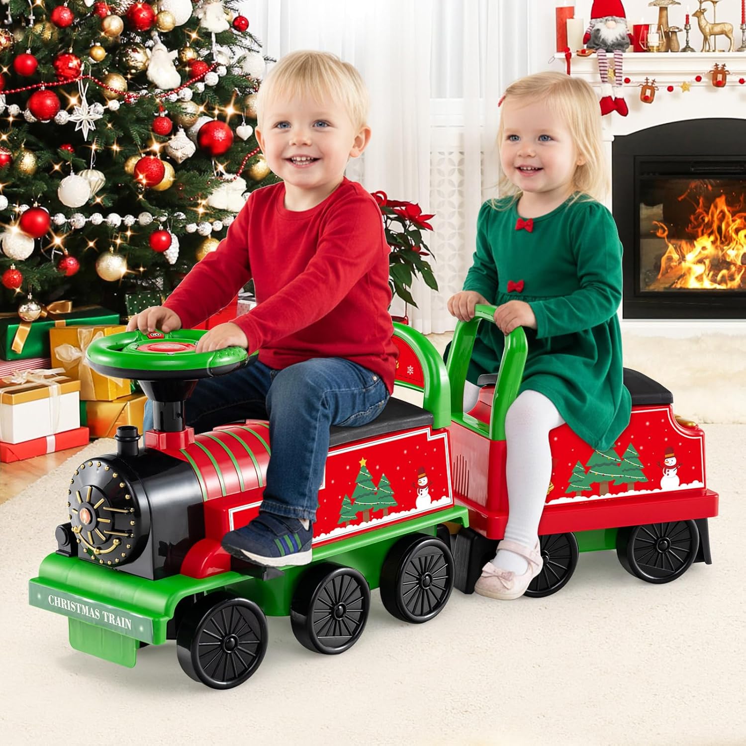 OLAKIDS 6V 2-Seater Ride on Train with Carriage, Storage, Train Whistle, Music, Lights for 18 Months+