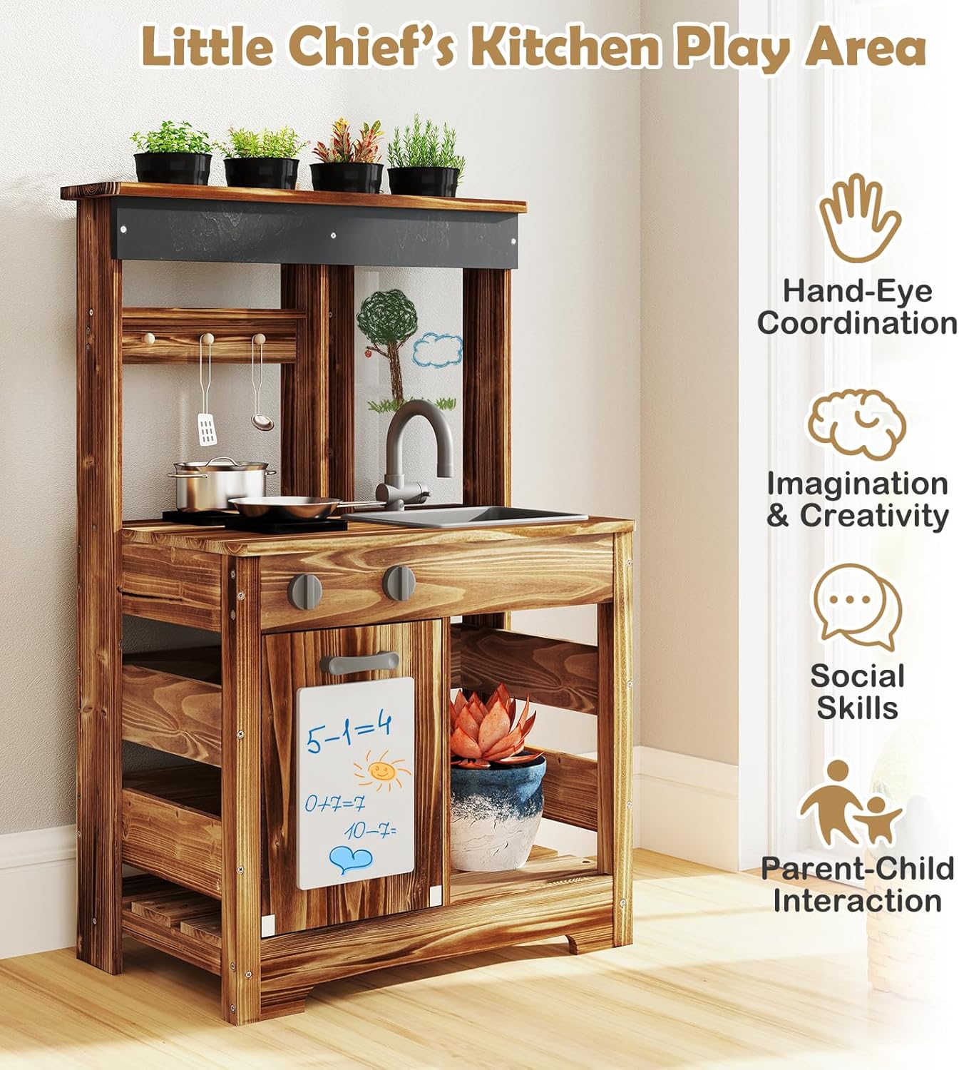 OLAKIDS Mud Kitchen, Outdoor Play Kitchen with Drawing Board, 4 Cups, Removable Sink, Storage, Cooking Accessories for Boys Girls Ages 3+