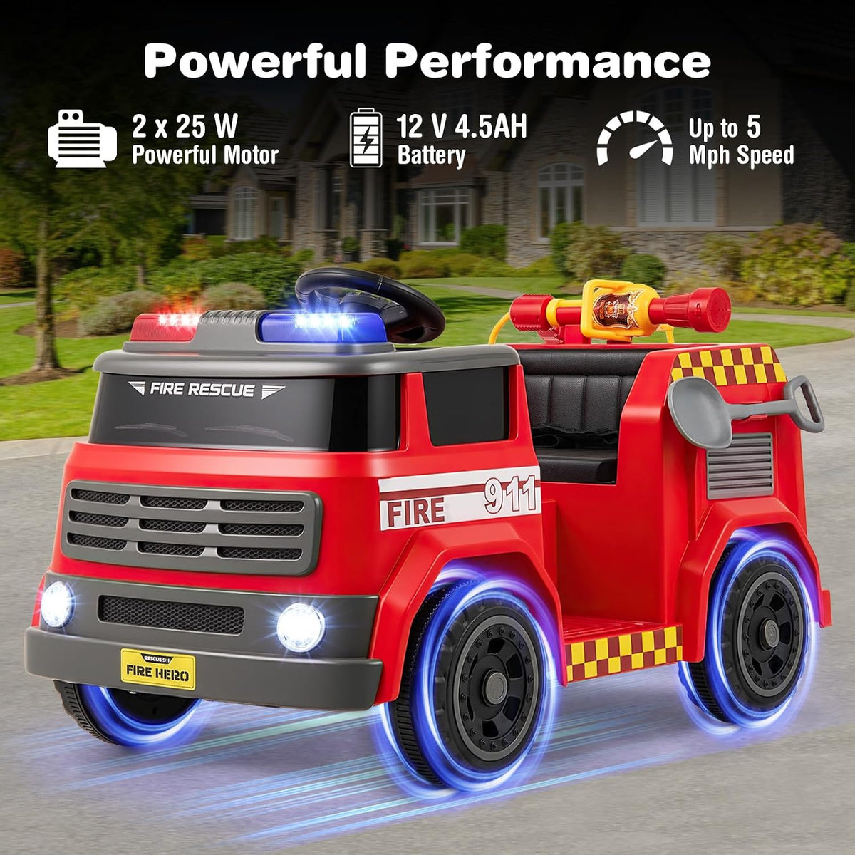 OLAKIDS 12V Ride on Fire Truck with Water Gun, Tank, Megaphone, Siren, Alarm Lamps, Shovel, Remote Control, Music, Aged 3+ Years