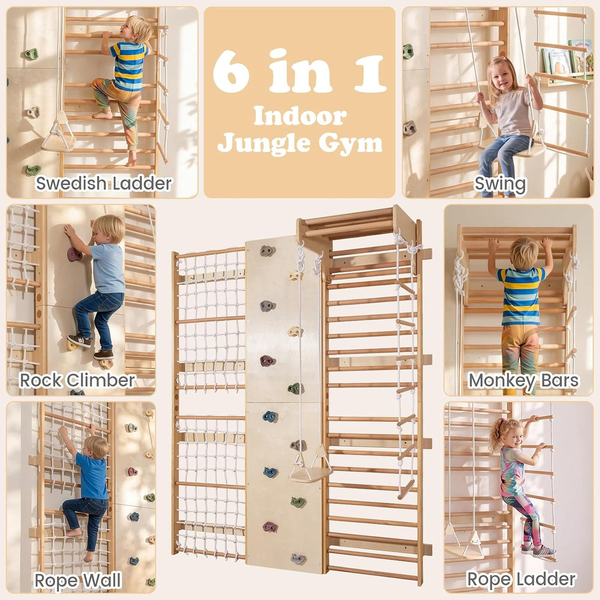OLAKIDS Toddler Climbing Toys Indoor, 6 in 1 Swedish Ladder Wall Gym Kids