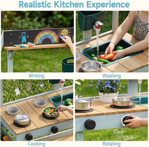 OLAKIDS Outdoor Wooden Mud Kitchen Toddler Montessori Backyard Pretend Toy Set