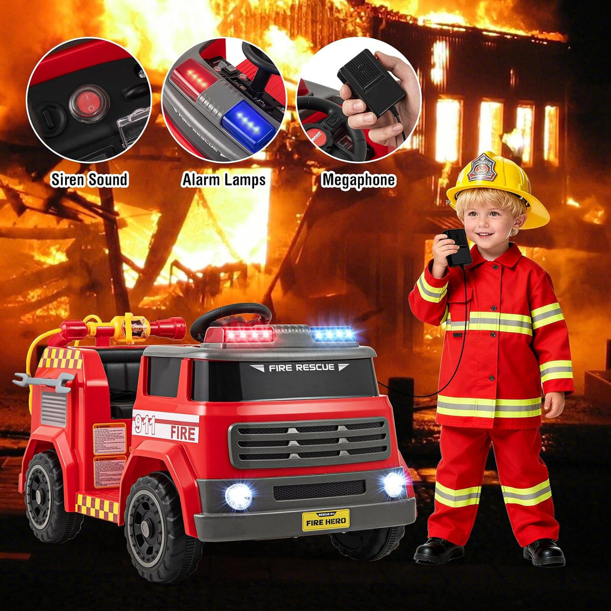 OLAKIDS 12V Ride on Fire Truck with Water Gun, Tank, Megaphone, Siren, Alarm Lamps, Shovel, Remote Control, Music, Aged 3+ Years