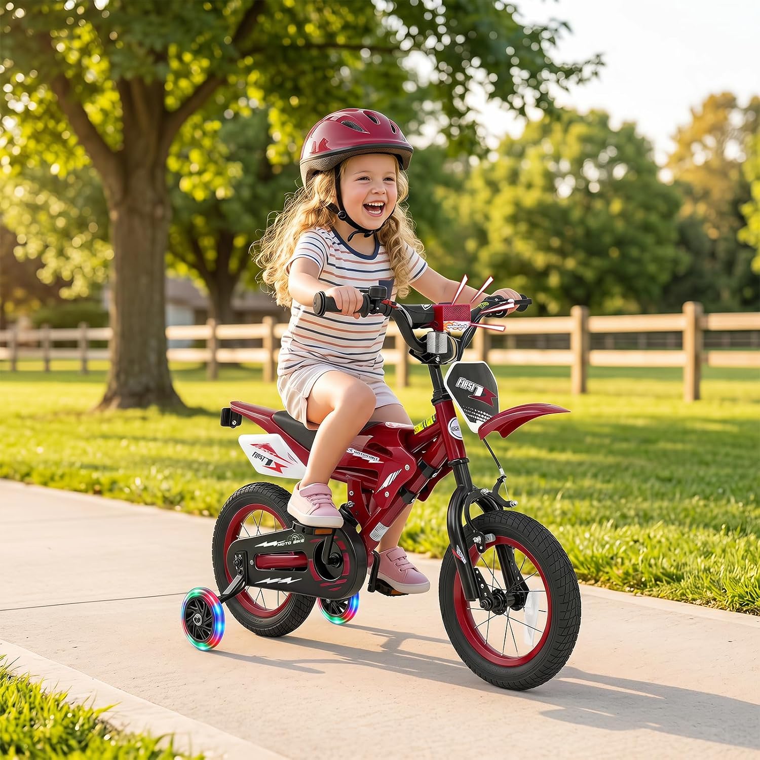 Olakids 12/16 Inch Motorcycle Kids BMX Bike with Light Training Wheels & Suspension