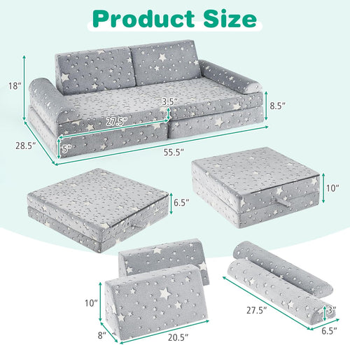 INFANS Modular Kids Play Couch, 8 PCS Fluorescent Toddler Creative Sectional Fort Building Sofa for Playroom, Bedroom