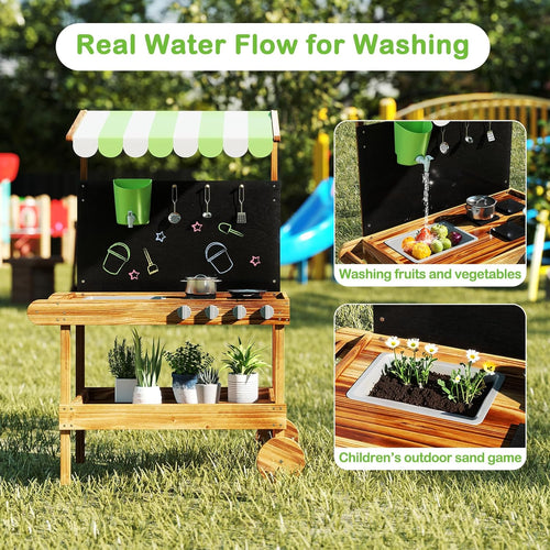 OLAKIDS Mud Kitchen, Outdoor Play Kitchen with Drawing Board, Real Water Flow, Removable Sink, Storage, Cooking Accessories,for Boys Girls Ages 3+