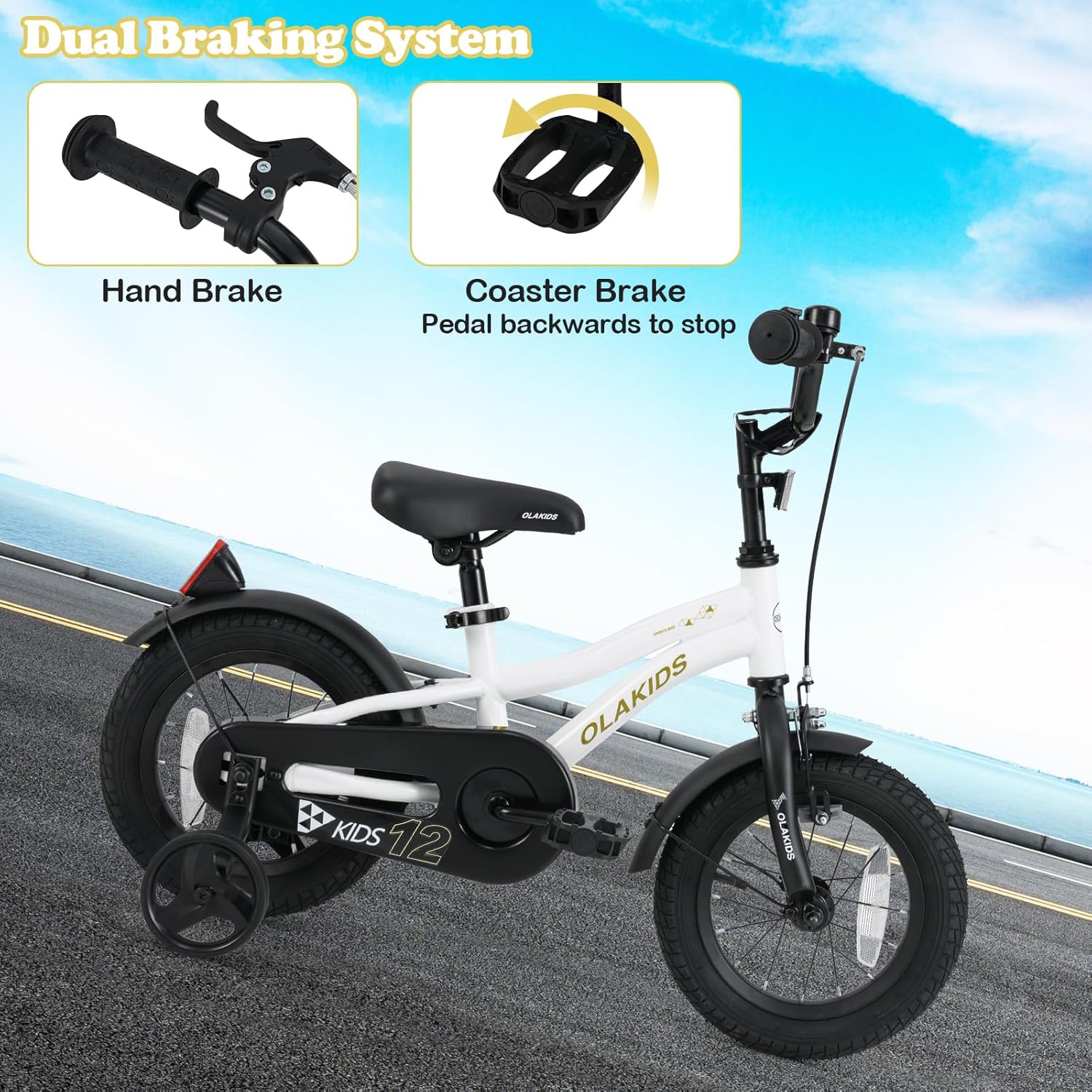 Olakids Kids Bike 12-18 Inch with Training Wheels, Dual Brakes, Adjustable Seat & Handlebar for Boys Girls