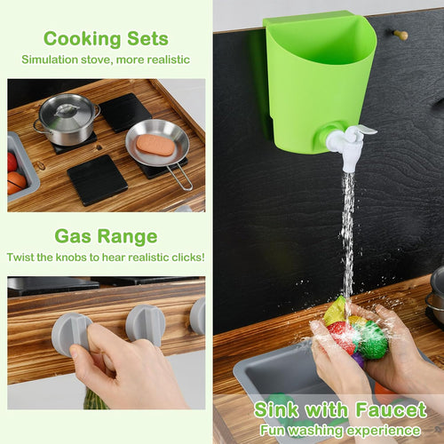 OLAKIDS Mud Kitchen, Outdoor Play Kitchen with Drawing Board, Real Water Flow, Removable Sink, Storage, Cooking Accessories,for Boys Girls Ages 3+