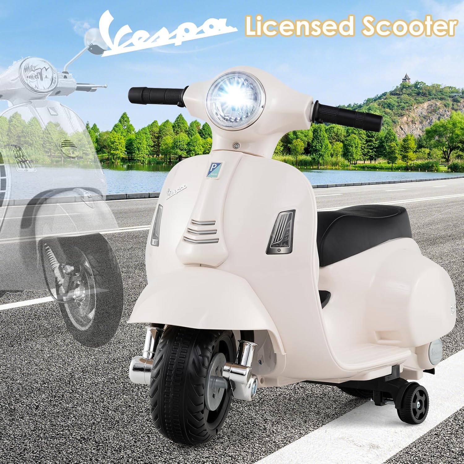 Licensed Vespa Scooter Kids Motorcycle by OLAKIDS, 6V Ride on Electric Motorcycle with Training Wheels