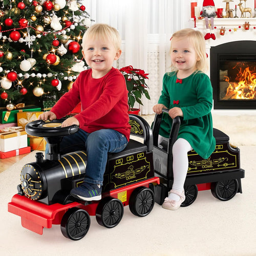 OLAKIDS 6V 2-Seater Ride on Train with Carriage, Storage, Train Whistle, Music, Lights for 18 Months+