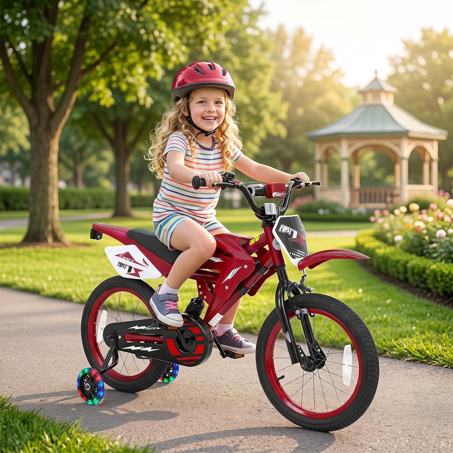 Olakids 12/16 Inch Motorcycle Kids BMX Bike with Light Training Wheels & Suspension