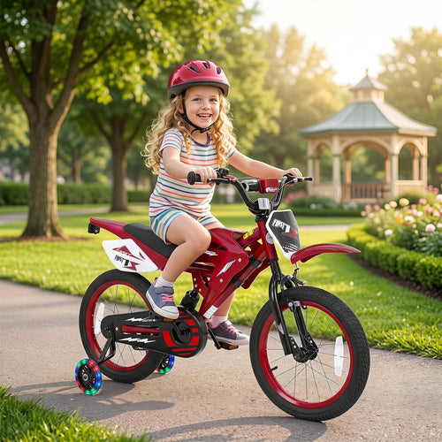 Olakids 12/16 Inch Motorcycle Kids BMX Bike with Light Training Wheels & Suspension