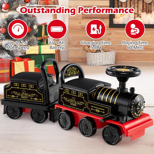 OLAKIDS 6V 2-Seater Ride on Train with Carriage, Storage, Train Whistle, Music, Lights for 18 Months+