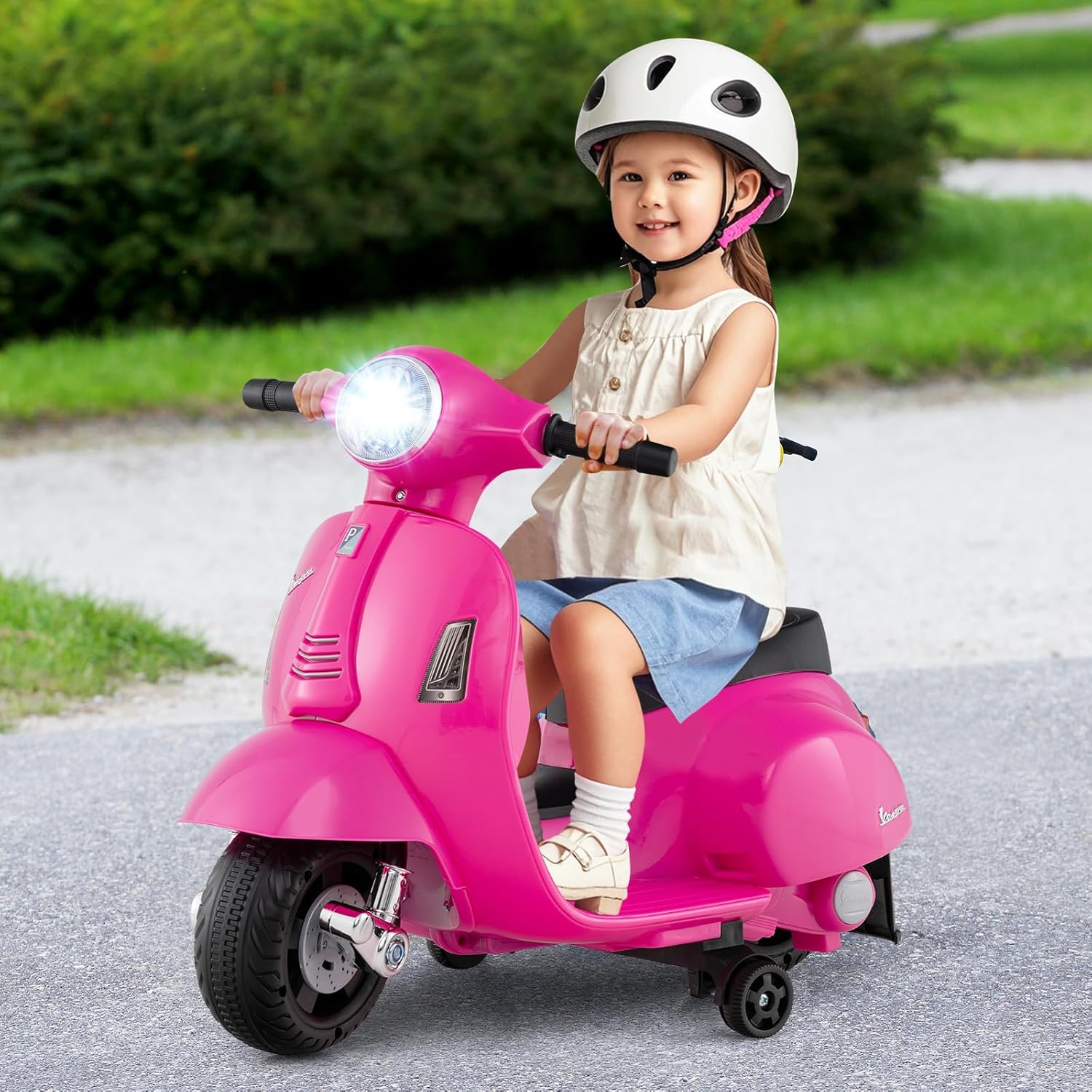 Licensed Vespa Scooter Kids Motorcycle by OLAKIDS, 6V Ride on Electric Motorcycle with Training Wheels